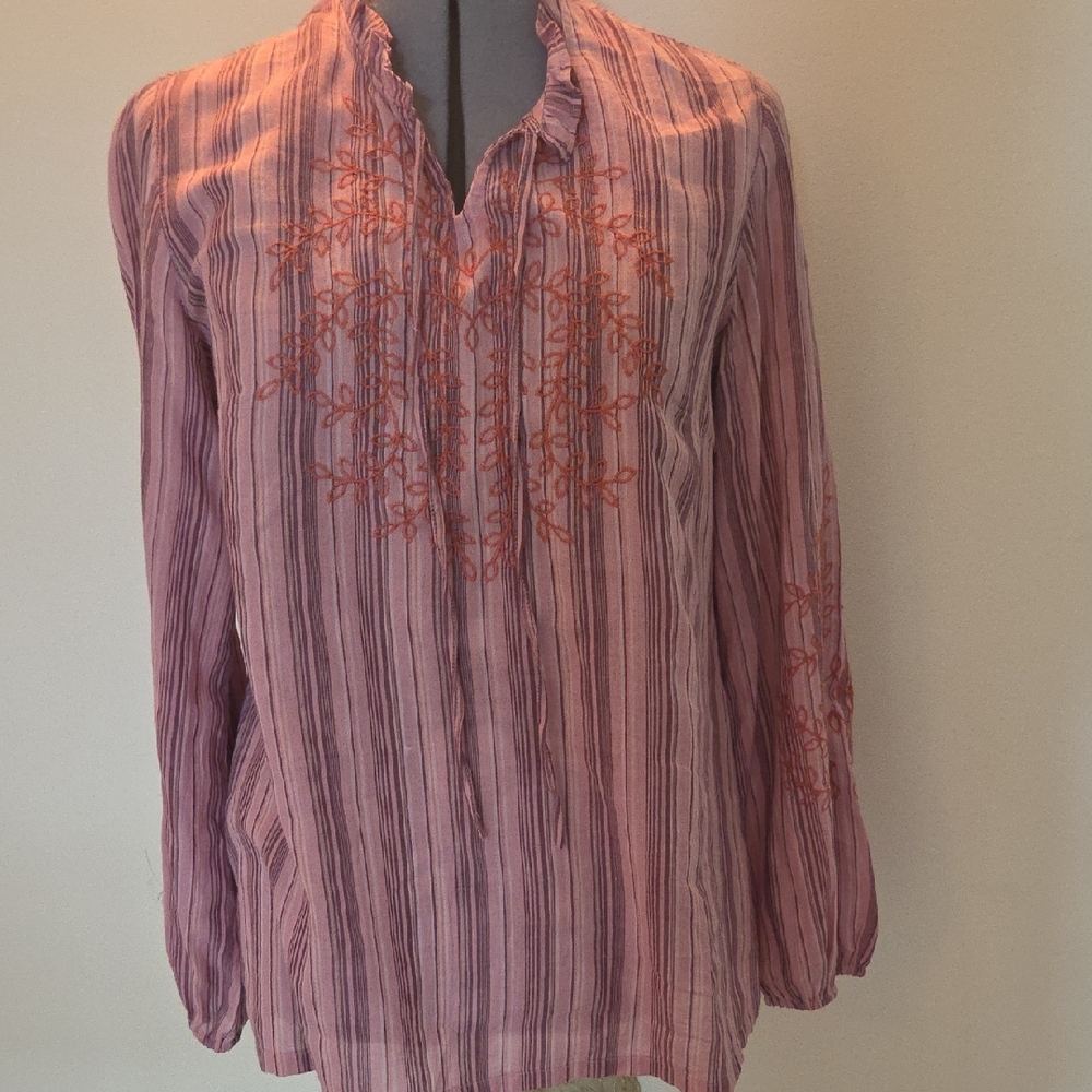 Striped Pink and Orange Embroidered Women's Top